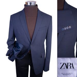 Zara Blazer Mens Sz 42 Plaid Blue 2-Button Sport Coat Jacket Blazer Poly Blend